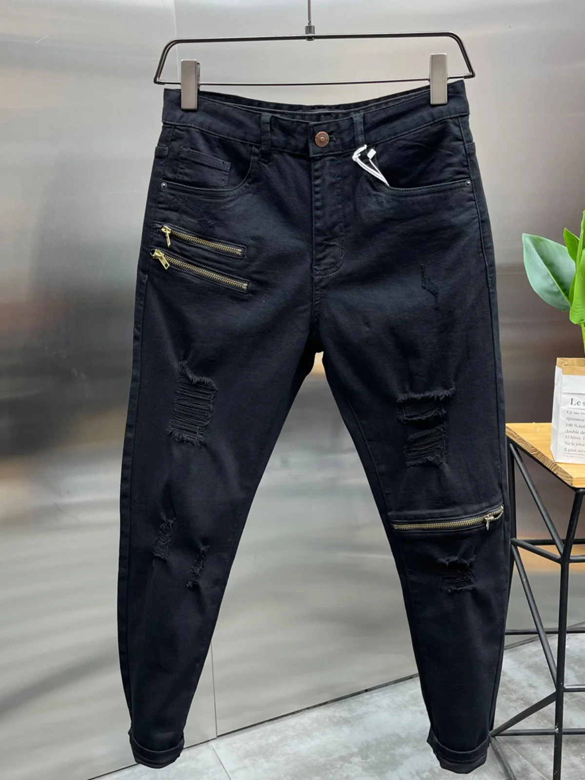 

New Premium High Waist Skinny Jeans Men's Cotton Stretch Denim Waed out Ripped Patchwork Heavy Proced Zipper Ankle Length