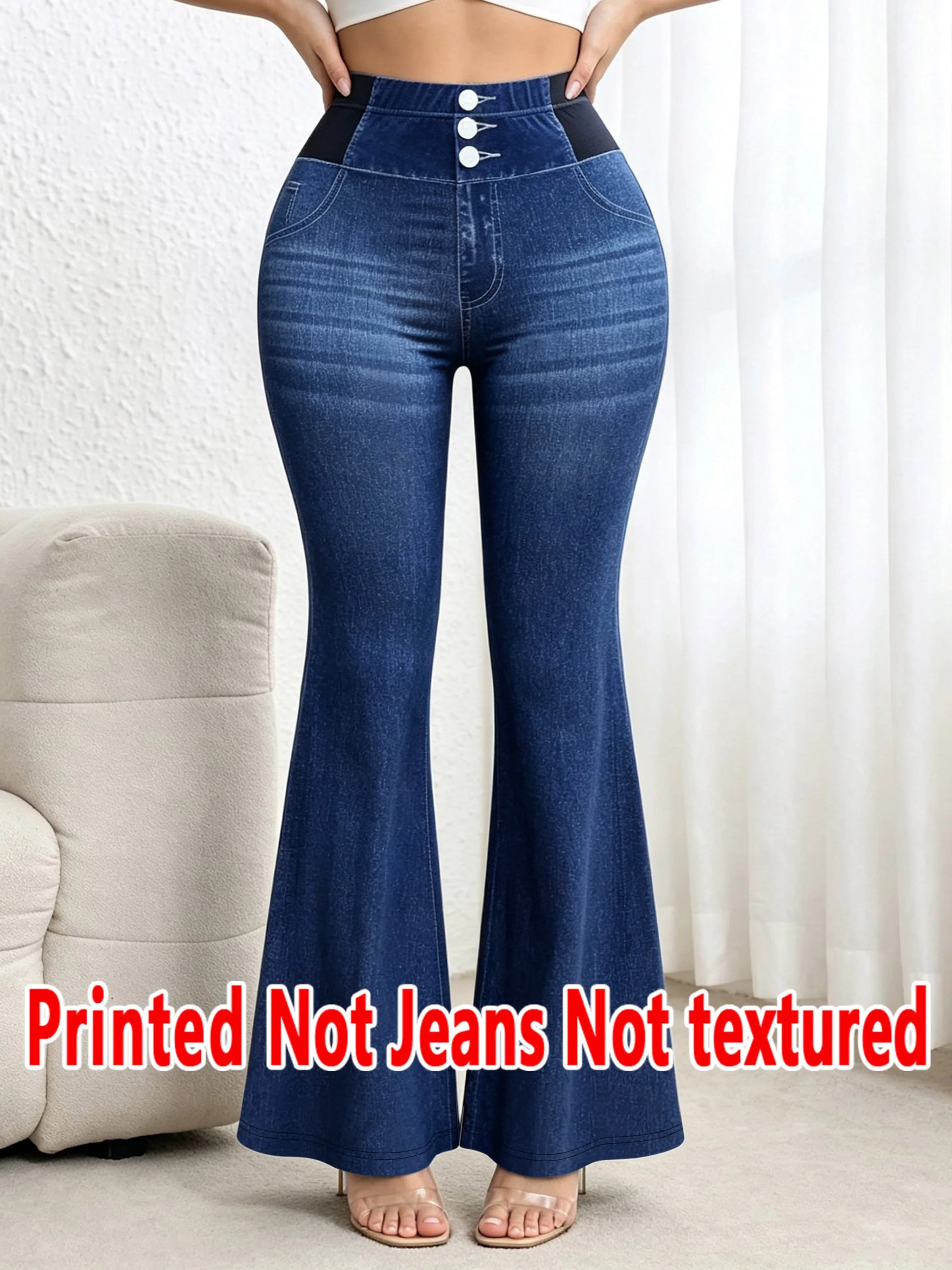1567 [Printed Pants - Not Faux Denim Fabric]2D Printed Faux Effect, Printed Flared Trousers - Non-Faux Denim Fabric,