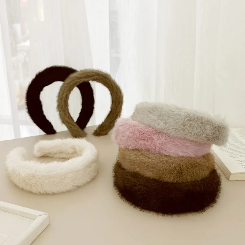 Widen Thicken Plush Sponge Hair Women Girls Plush Solid Color Headband Soft Fluffy Furry Hair Hoops Winter Headdress Scrunchie