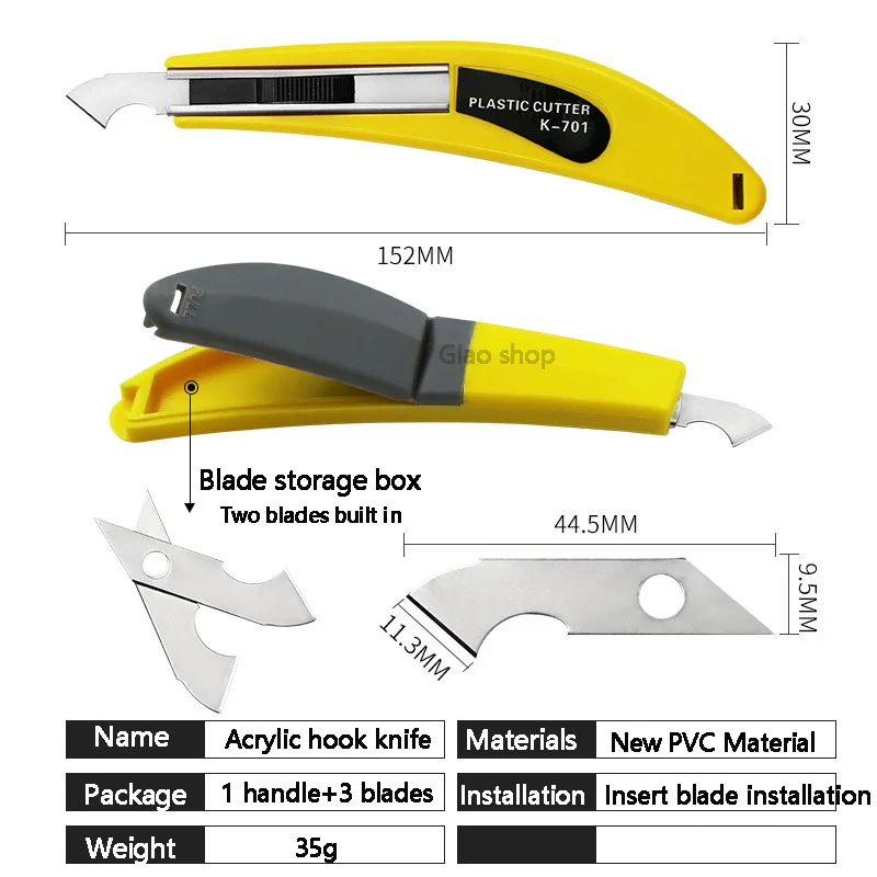 Multi-Purpose Hook Knife Acrylic PVC CD Cutting Tool Acrylic Board Plastic Plexiglass Hook Knife With 2 Spare Hook Knife Blades