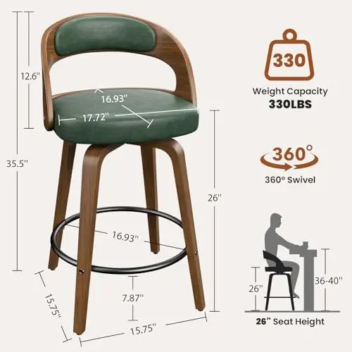Swivel Bar Stools Set of 1, 26" Counter Height Bentwood Barstool | Mid-Century Modern PU Leather Upholstered Bar Chair view 2