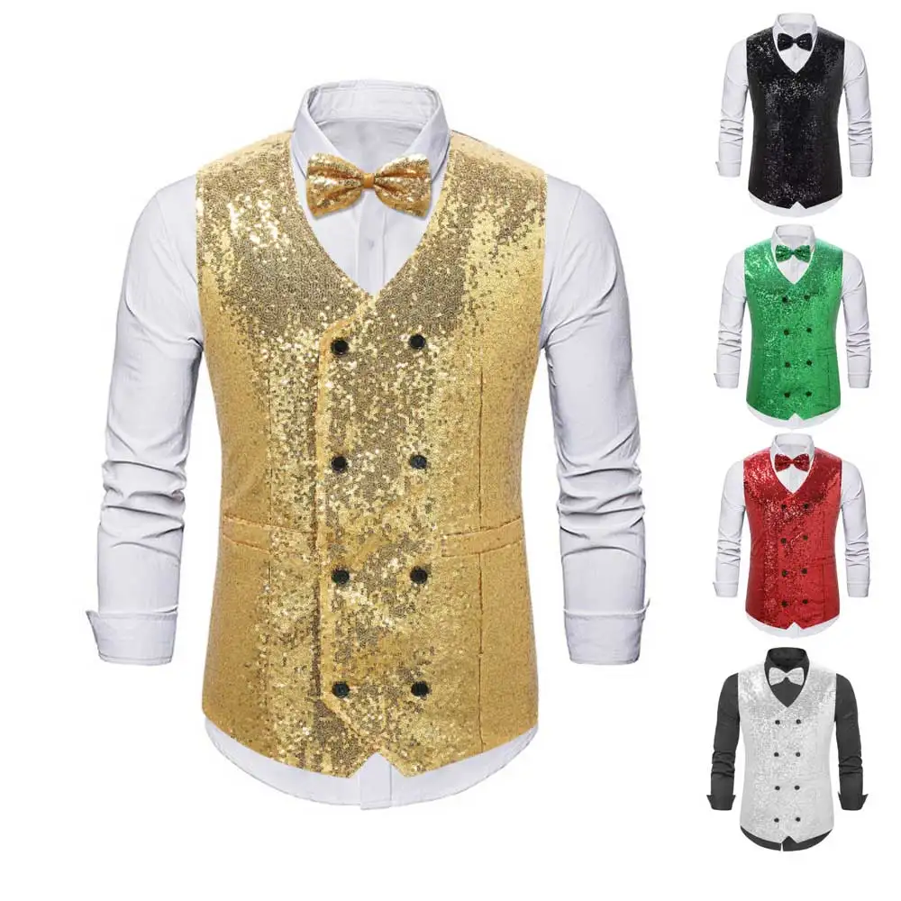 

2024 New Fashion Shiny Sequin Suit Vest for Men, Gold /Silver Double Breasted Chalecos De Vestir Hombre,weste Herren Eur Size
