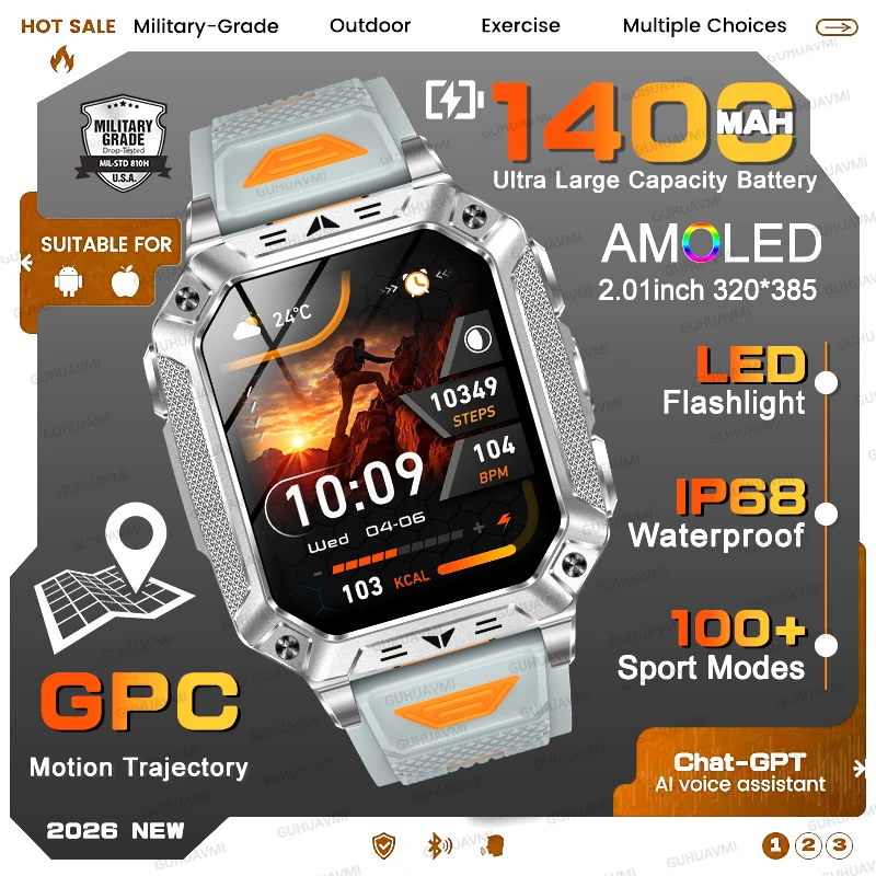 2026 HOT Upgraded 1400mAh Battery Capacity Smart Watch Men Outdoor GPS Track 5ATM Waterproof HD Call SOS Flashlight Sports Watch
