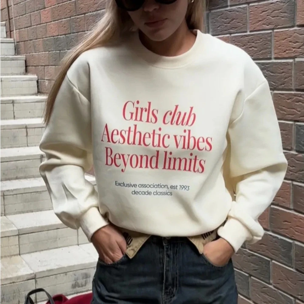 

Американский модный клуб для девочек, милый свитшот с буквенным принтом, толстовка с круглым вырезом, белый топ Y2K, хип-хоп, уличные осенние топы для молодых женщин