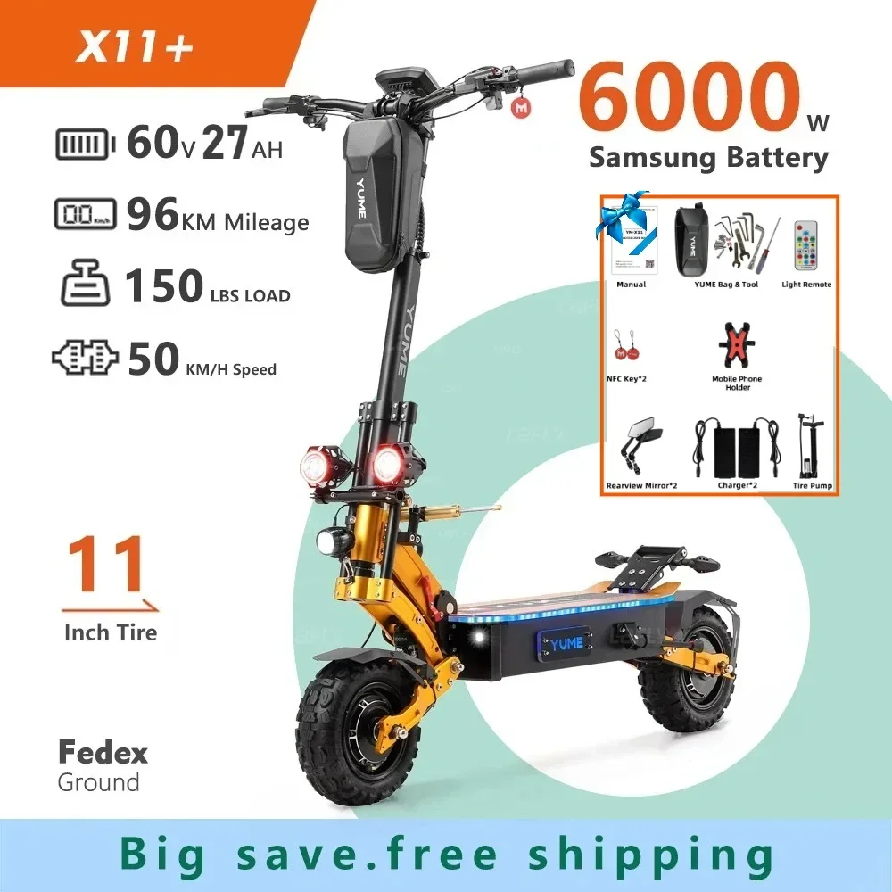 Scooter elettrico certificato YUME X11+ EU, 6000 W, doppi motori, batteria da 60 V 27 Ah, pneumatici da 11 pollici, velocità massima 95 km/h Ammortizzatore di sterzo