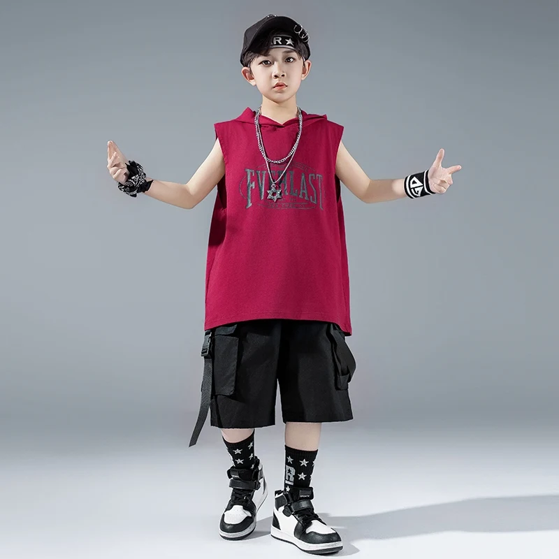 Abito da spettacolo di danza di strada per ragazzi Hip Hop Top oversize Pantaloncini neri Moda senza maniche Felpa con cappuccio Jazz Line Dance Costume 3633