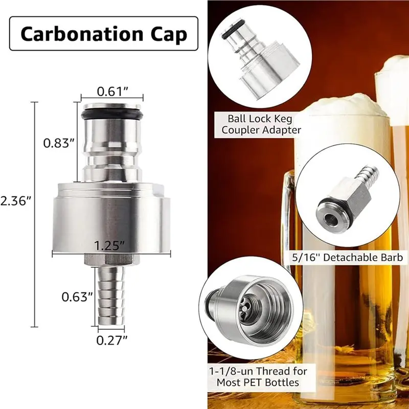 ABMS-4PCS Stainless Steel Force Carbonation Cap For Soda Bottle Carbonation Cap With 5/16Inch Beer Nipple Barb Ball Lock Cap