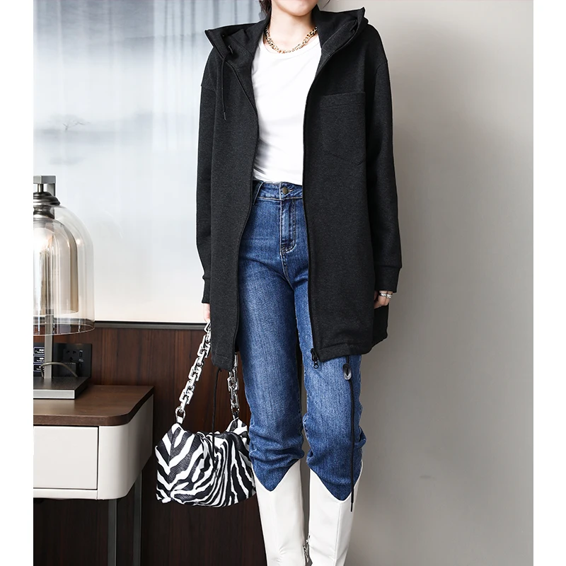 

Свободный кардиган на молнии с длинными рукавами и капюшоном, женский, однотонный, весна-осень, новинка, удобная дышащая повседневная верхняя одежда