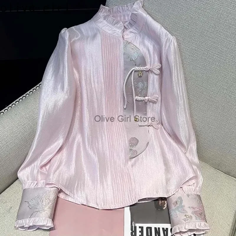 Embroidered Shirt Top Traditional Chinese Retro Women's Top Springautumn High-end Long Sleeve 2025 Button Embroidered Top