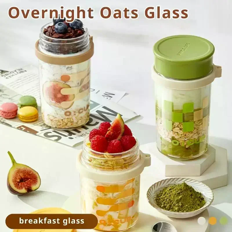 400ML Overnight Oat Cup Glass With Lid And Spoon Seal Breakfast Yogurt Cups Oatmeal Container Portable