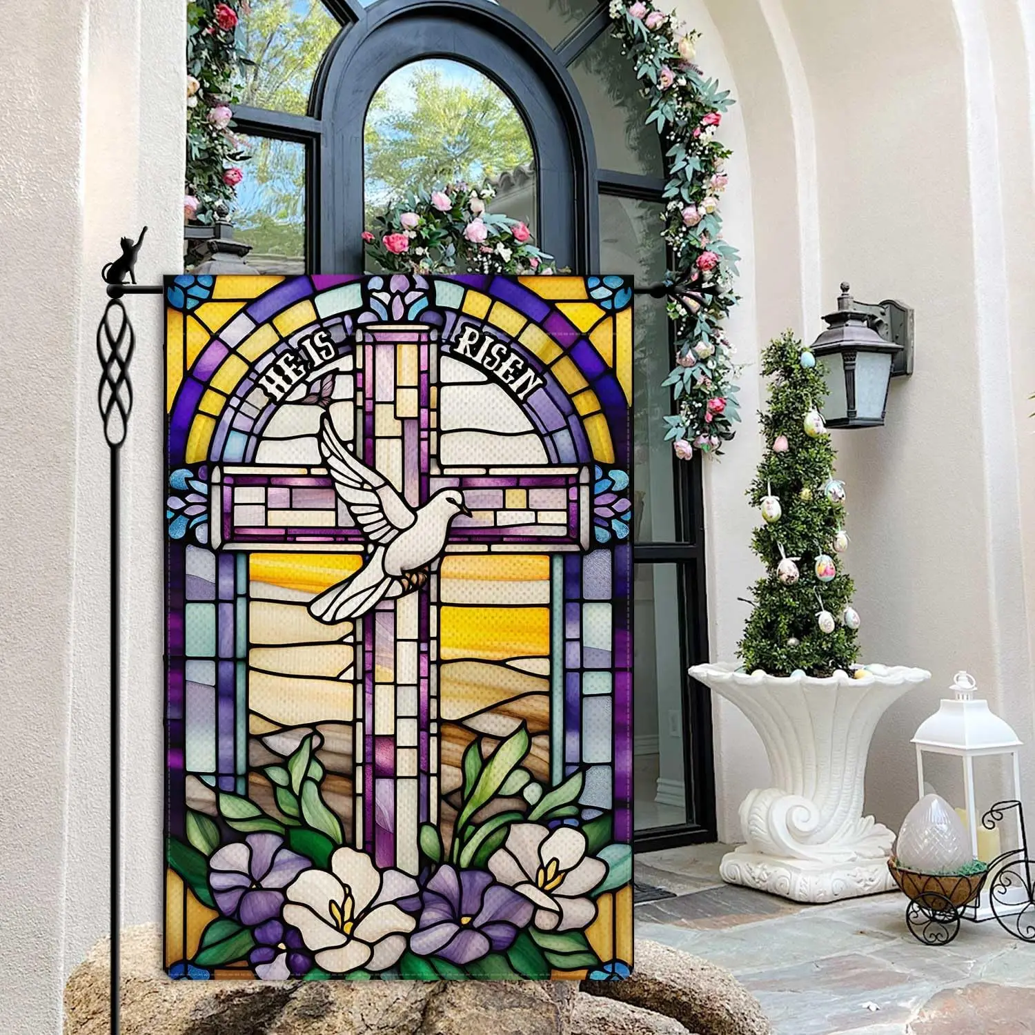 He is Risen Cross Garden Flag Stained Glass Style Spring Easter White Dove Floral Flowers Garden Flag Vertical Double Sided  SSL