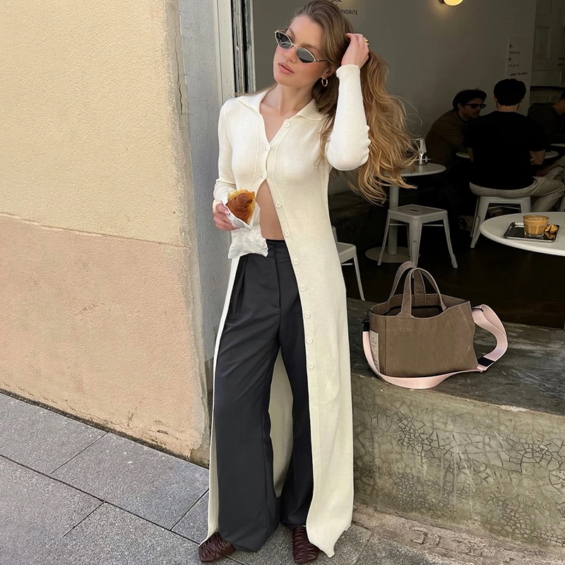 

Ticketsx Knit Single Breasted Long Dress Women's Lapel Long Sleeve Elegant Cardigan Dress Female Holiday Beach Knitwear Dresses