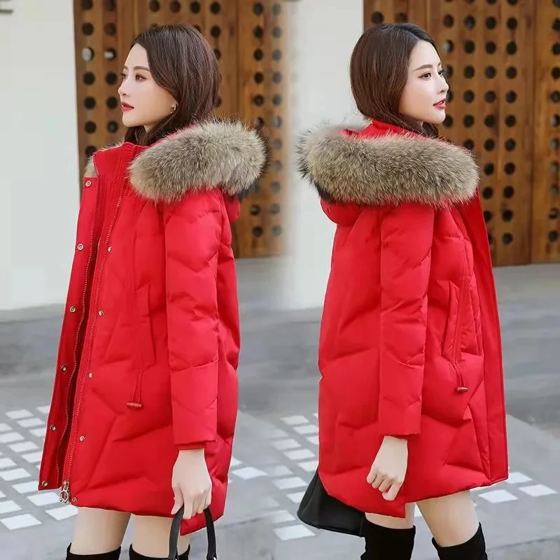 2023 Women Mid Length Hooded Down Cotton Jacket Fashion Slim Padded Warm Coat Thicken Parkas Fur Collar Ourerwear Versatil 4XL