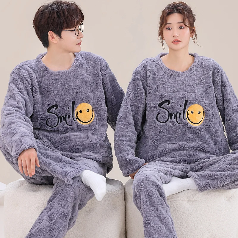 Newest M-4XL Couple Pajama Set Winter Women and Men Warm Sleepwear Thick Flannel Pyjamas