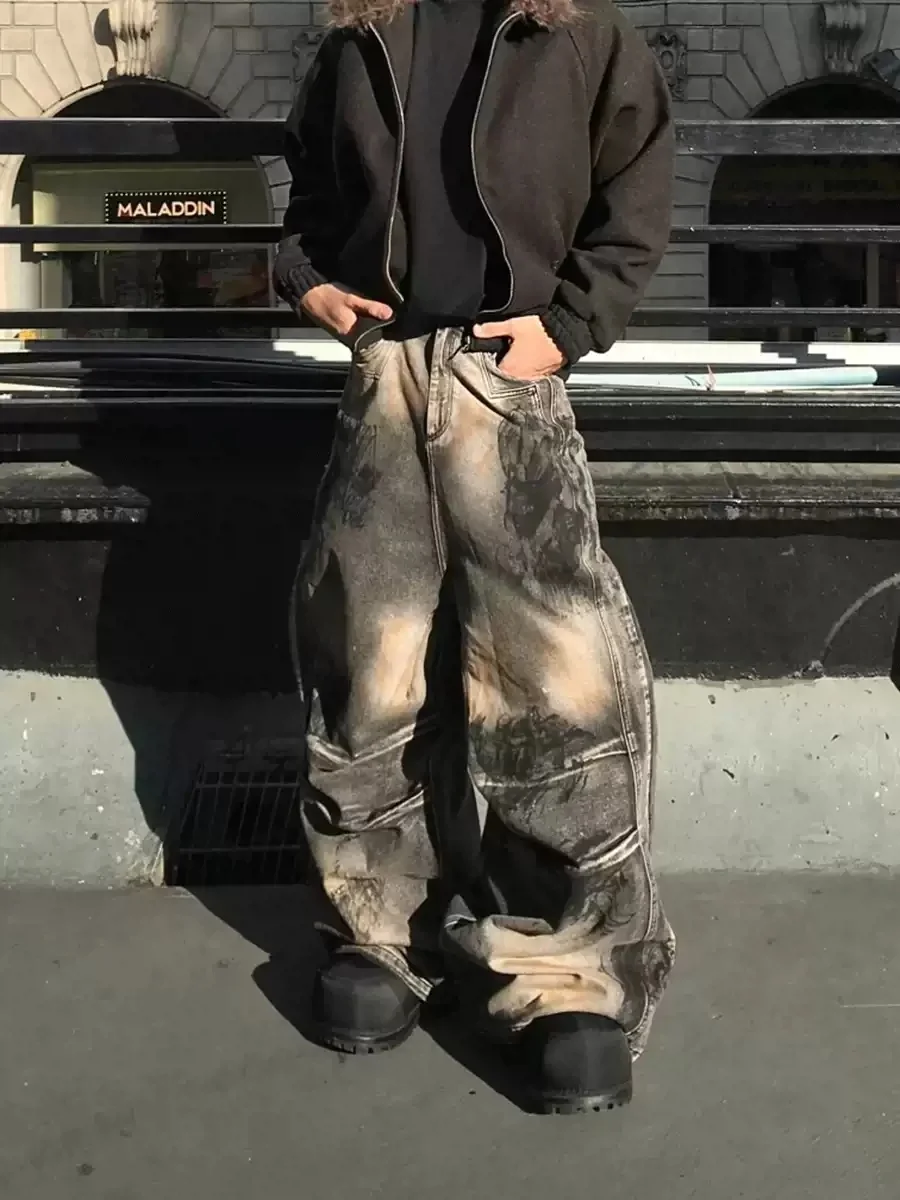 

High Street Waste Land Dirty Printing Splicing Fashion Wide Leg Pants Handsome Black Personality Knife Jeans For Man