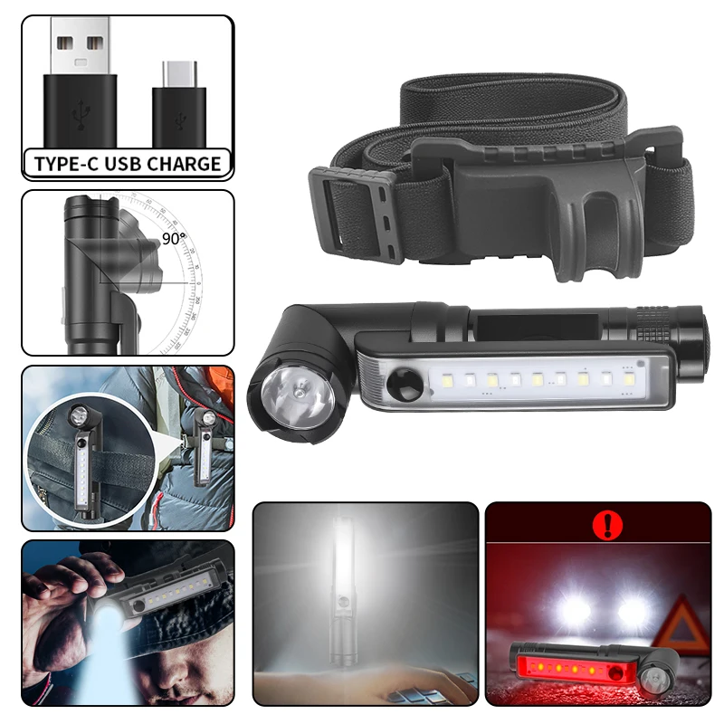 

Multifunctional USB Rechargeable LED Flashlight Headlamp Ultra Bright Waterproof Light torch Head 90 ° rotatable Work Light