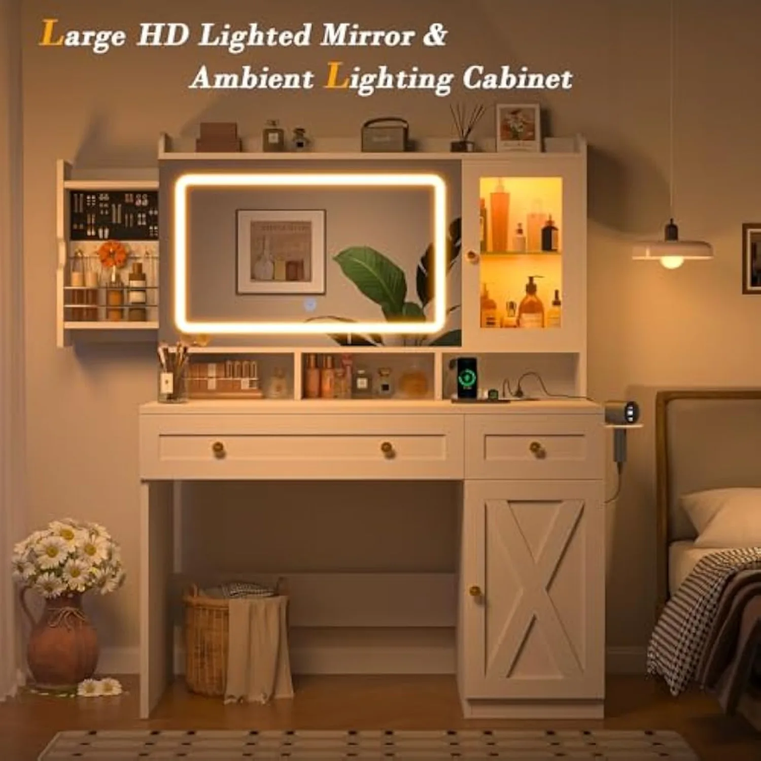 Vanity Desk with Mirror and Lights with Charging Station, RGB Cabinets and Hidden Jewelry Rack for Bedroom, 3 LED Light Modes