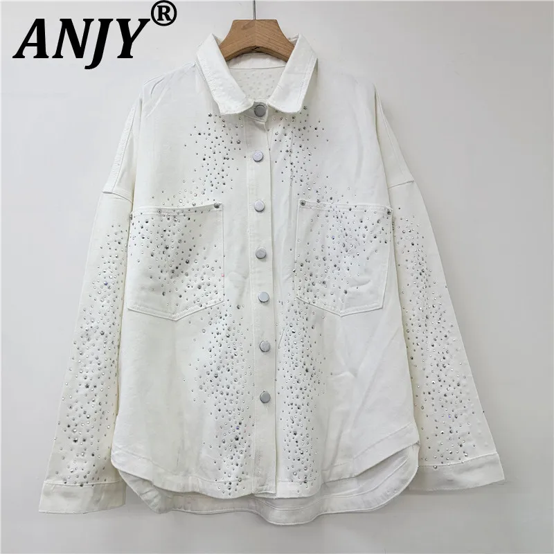 

ANJY 2023, весенне-осенняя новая женская модная повседневная джинсовая рубашка с шипами и бриллиантами, стильная шикарная свежая универсальная куртка A15151