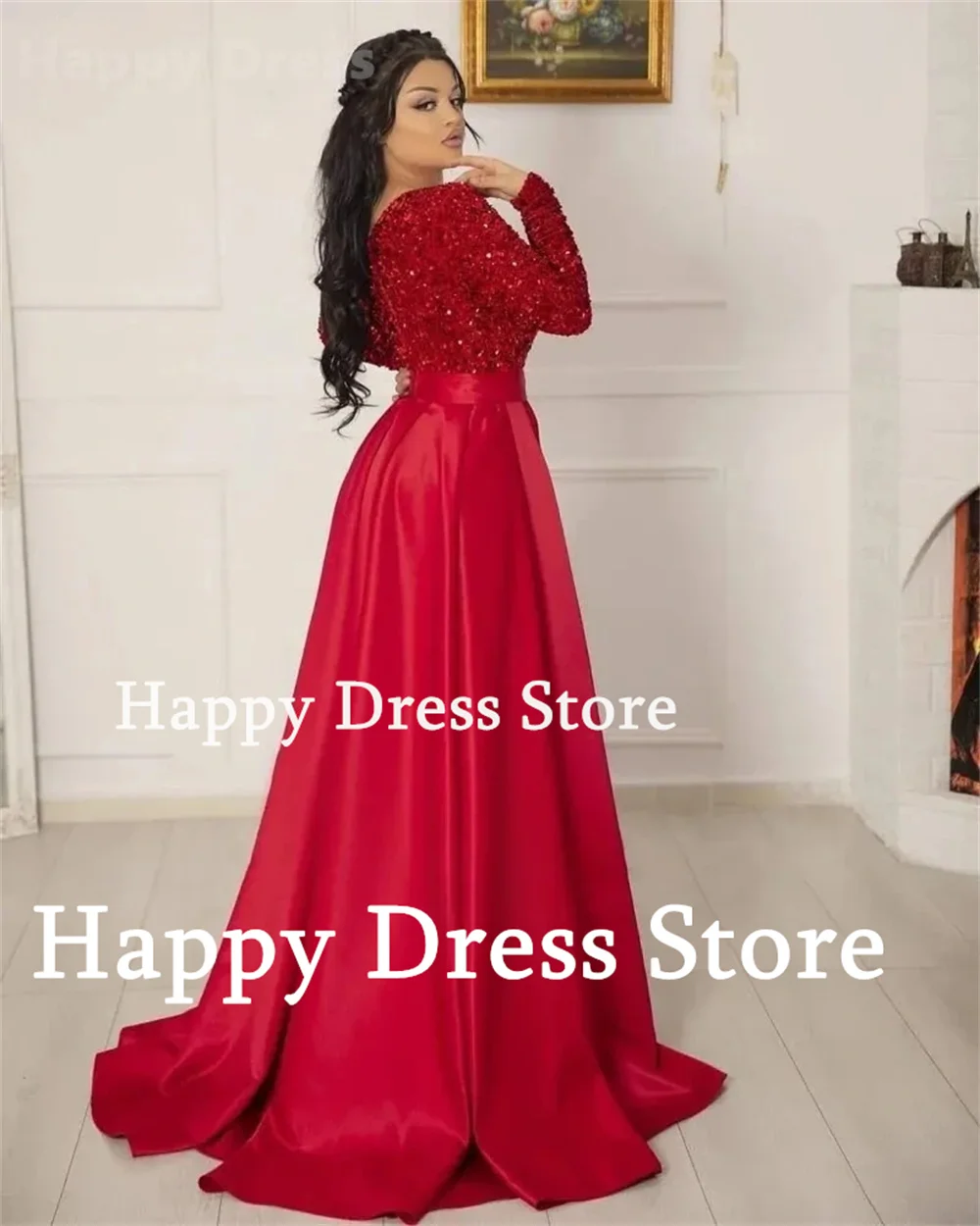 Happy Dress Red Women Formal Evening Dress V-Neck Long Sleeves Shiny Sequin Sexy Side Split A-Line Satin Prom dress Party Dress