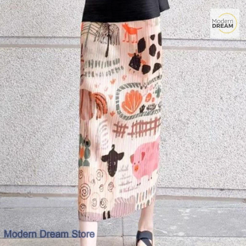 Korean pleated fashion design cartoon print skirt summer new temperament lazy wind temperament slimming split long skirt