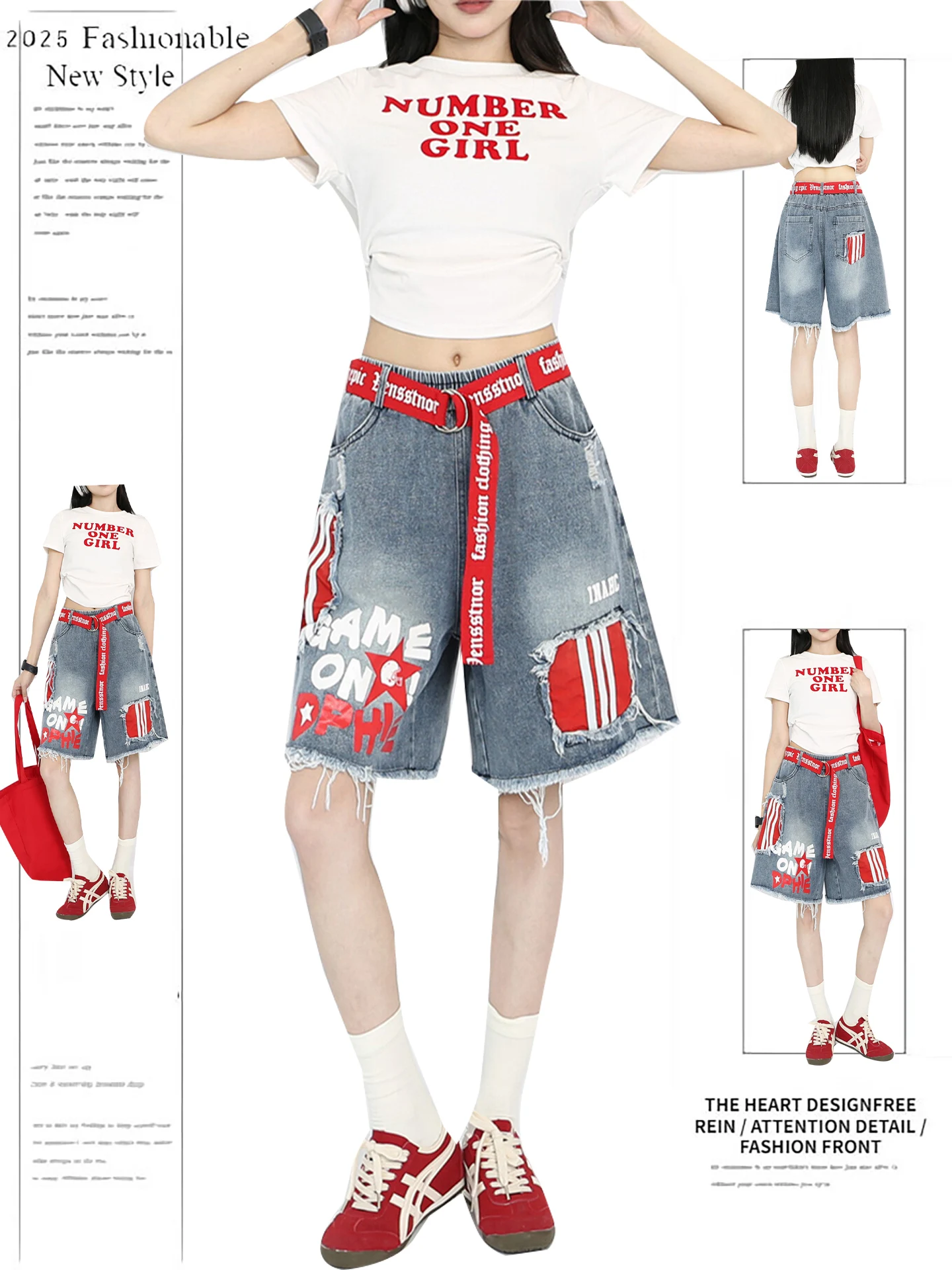 

Summer New American Retro Striped Patchwork Hole Denim orts Women High Waist Loose Five Wide Leg Pants Casual hine Embro...