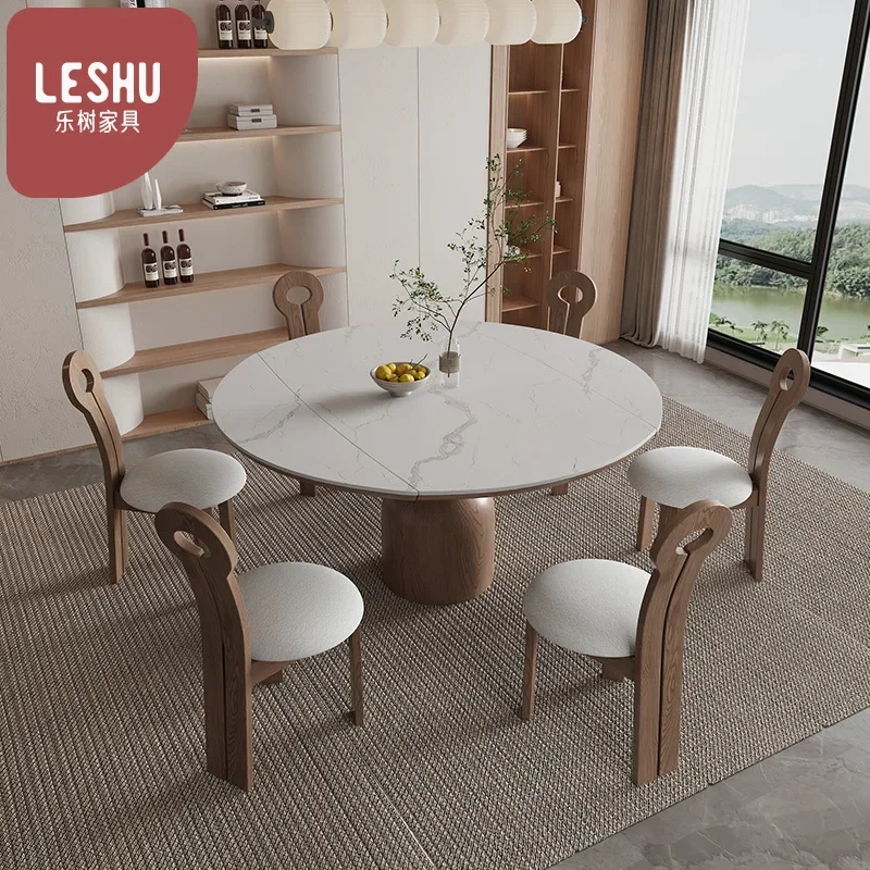 Solid Wood Square To Round Dining Table Household Retro Dining Table Rock Slab Retractable Dual-purpose Folding Table