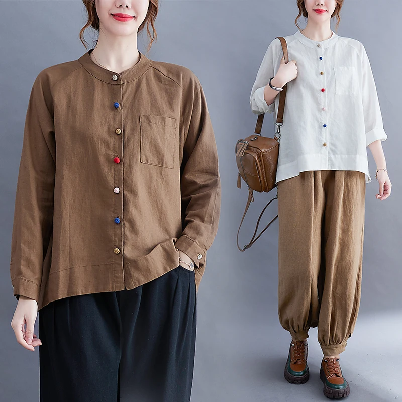   Botón Algodón Lino irt Tallas grandes Mujer Largo Sve Stand Collar Base irt Otoño Lino Top Tamaño completo Mujer Cl...