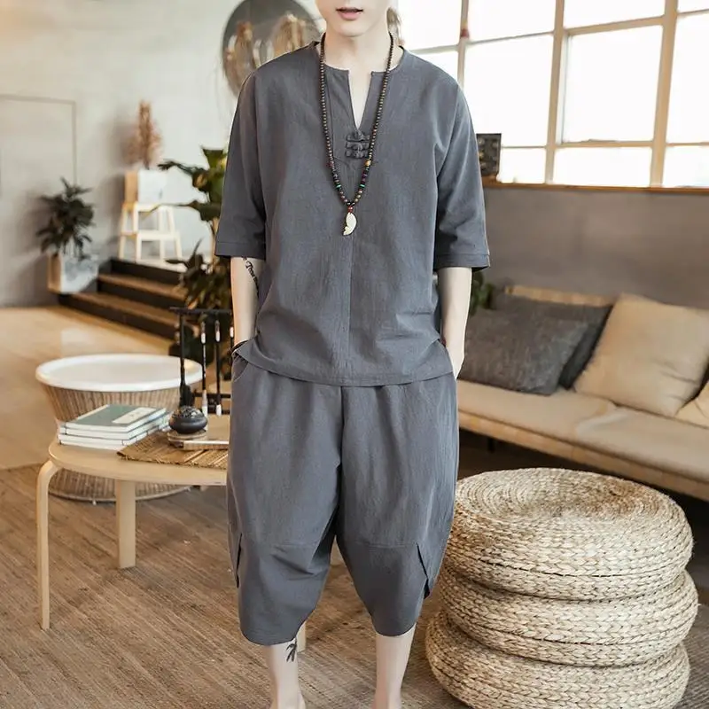 Summer Men's Linen Short Sleeve T-Shirt Thin Cotton Linen Seven-Foot Pants Hanfu Loose Fit Two-Piece Casual Sportswear Set