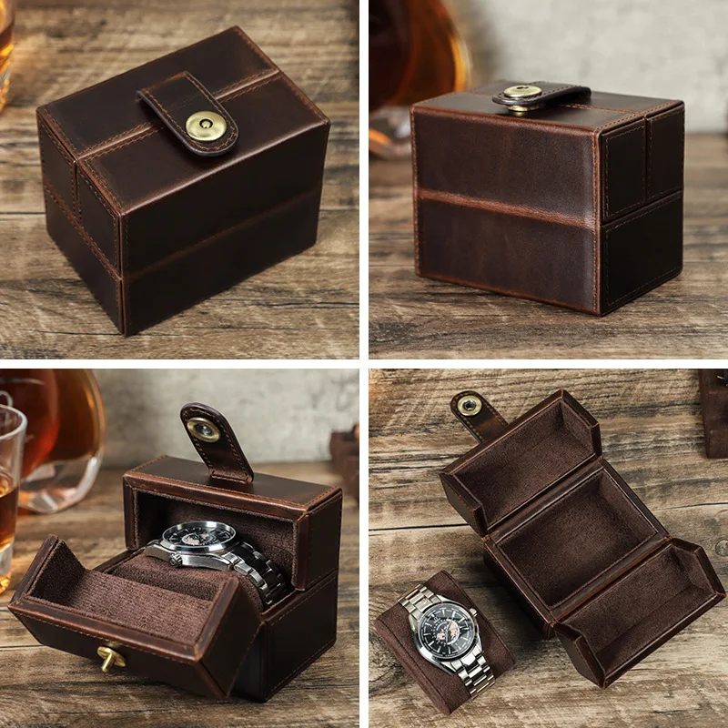 Retro Coffee-Colored Crazy Horse Leather Watch Box Creative Cat Eye Magnetic Clasp Left Right Opening Mechanism Travel Case