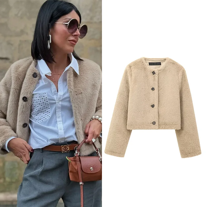 

HipSeam Женская короткая куртка из искусственного меха Осенняя куртка на пуговицах с длинным рукавом и круглым вырезом с карманами Повседневные женские топы Женская верхняя одежда