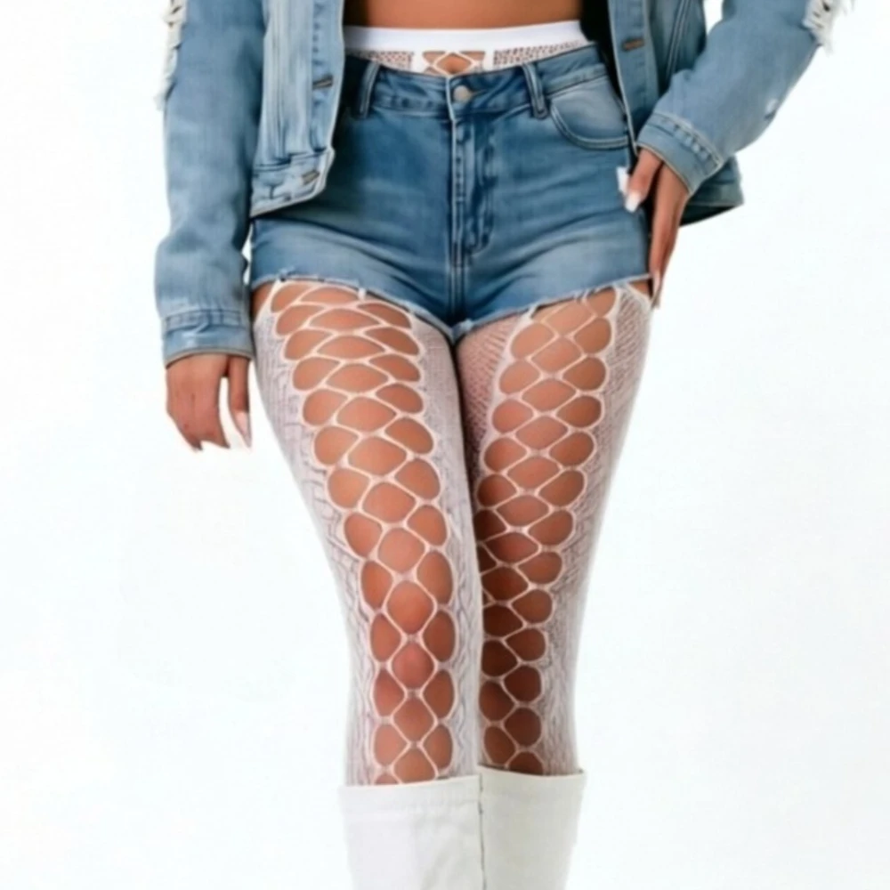 Sexy Lady High Waist Sexy Fishnet White Garter Stockings Tights Open Crotchless Body Suit  Pantyhose Women's Underwear