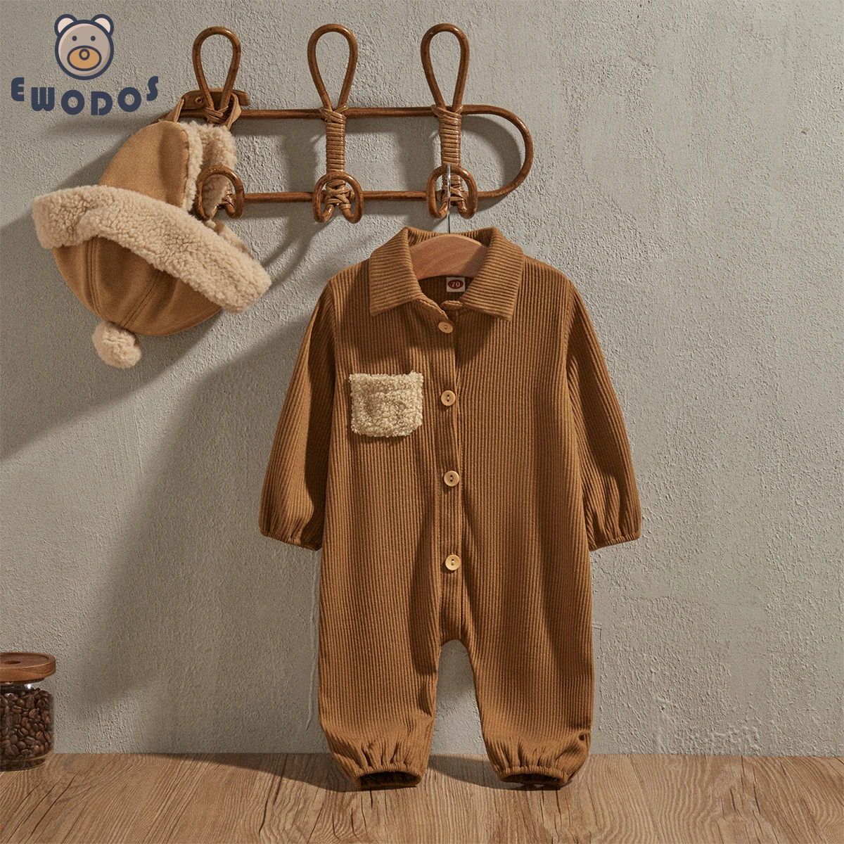 EWODOS 0-12M Infant Baby Boy Autumn Jumpsuit Contrast Color Button Front Lapel Long Sleeve Spring Casual Romper Outfits Rompers