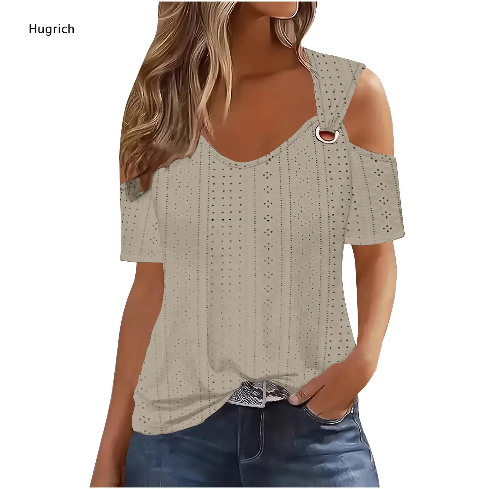 Ladies Soft Hollow Eyelet Knit Tunic Top V Neck One Cutout Shoulder Metal Ring Detail Short Sleeve Loose Daily Wear Shirt