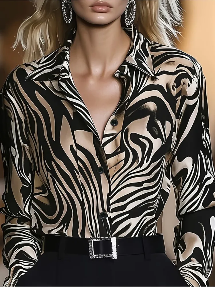 เสื้อเชิ้ตทำงานแฟชั่นหรูหรา เสื้อเชิ้ตผู้หญิงลายพิมพ์สไตล์ฝรั่งเศส ผ้าเนื้อนุ่ม สำหรับฤดูใบไม้ผลิและฤดูใบไม้ร่วง เสื้อเชิ้ตแขนยาวสำหรับผู้หญิงทำงาน