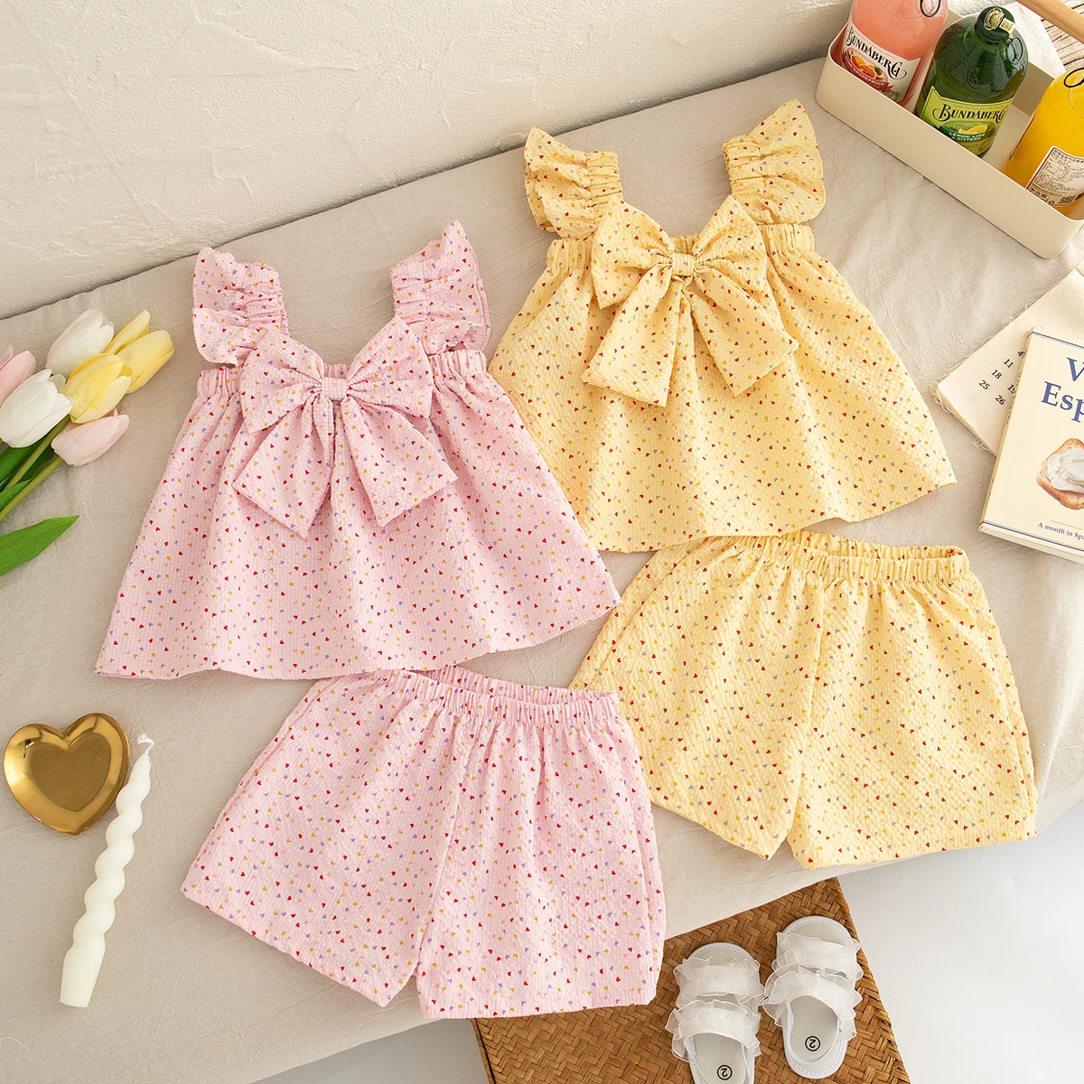 Girls' Set 0-3 Years Old Summer New Bow Little Heart Flying Sleeve Camisole Top+Same Style Shorts Two-Piece Set