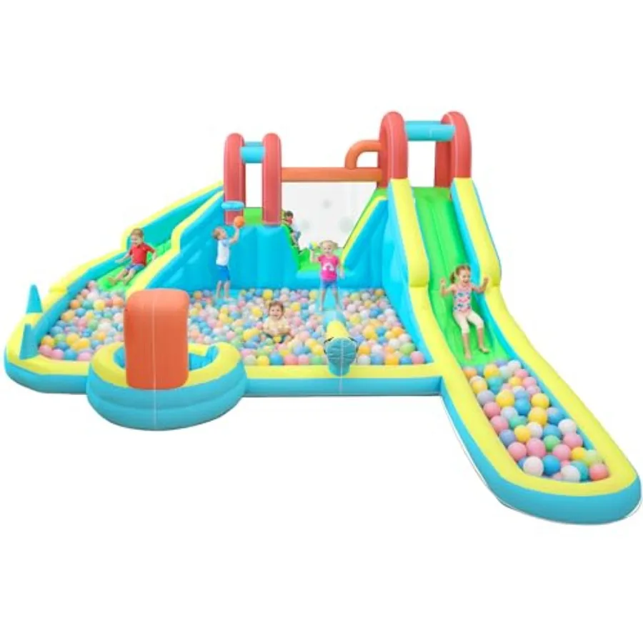 

Inflatable Water Slide for 3-12, PVC Blue 10-in-1 Double Bounce House with Blower, Splash Pool, Water Cannon, Climbing Wall, Ba