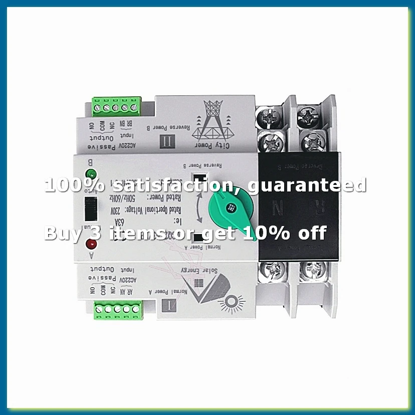 Photovoltaic Solar Power ATS Automatic Transfer Switch Din Rail 2P 63A AC220V ATS PV System Power to City Power-A27I