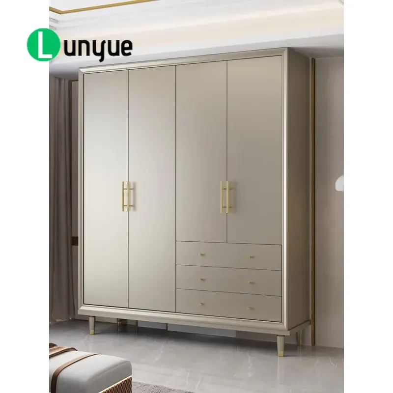 Light Luxury Solid Wood Wardrobe Modern Simple American Style Large Integrated Swing Door Closet with Metal Handle for