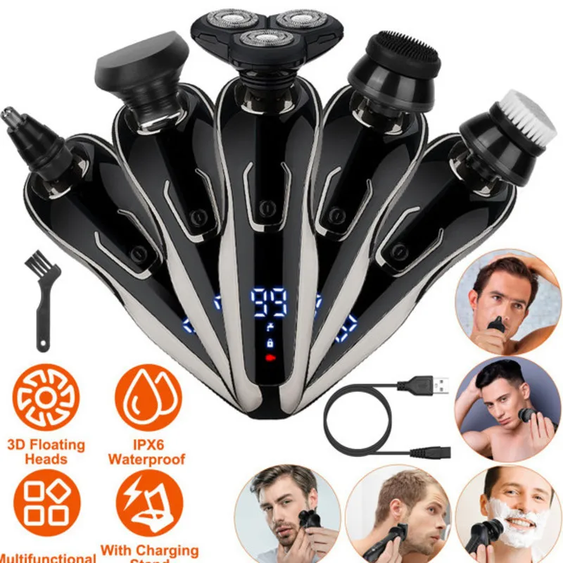 

5 In 1 Electric Razor Shaver Rechargeable Cordless Head Beard Trimmer Shaver Kit IP X 6 Waterproof Dry Wet Grooming Kit black