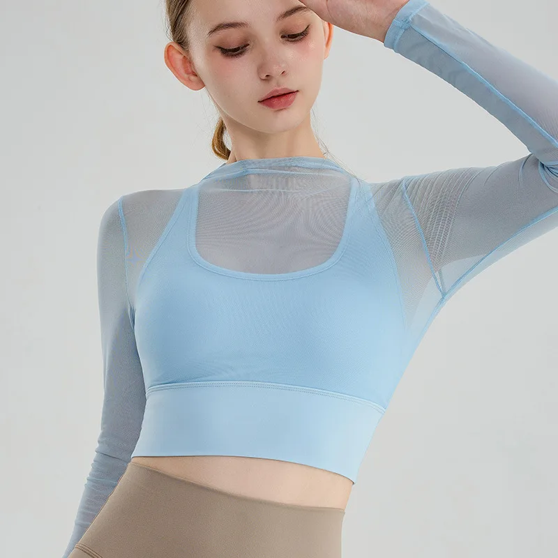 Women's Yoga Shirt Breathable Yoga Top Mesh Patches Slim-Fit Design Inner Bra Crossed Straps Double-Layered sportwear gym