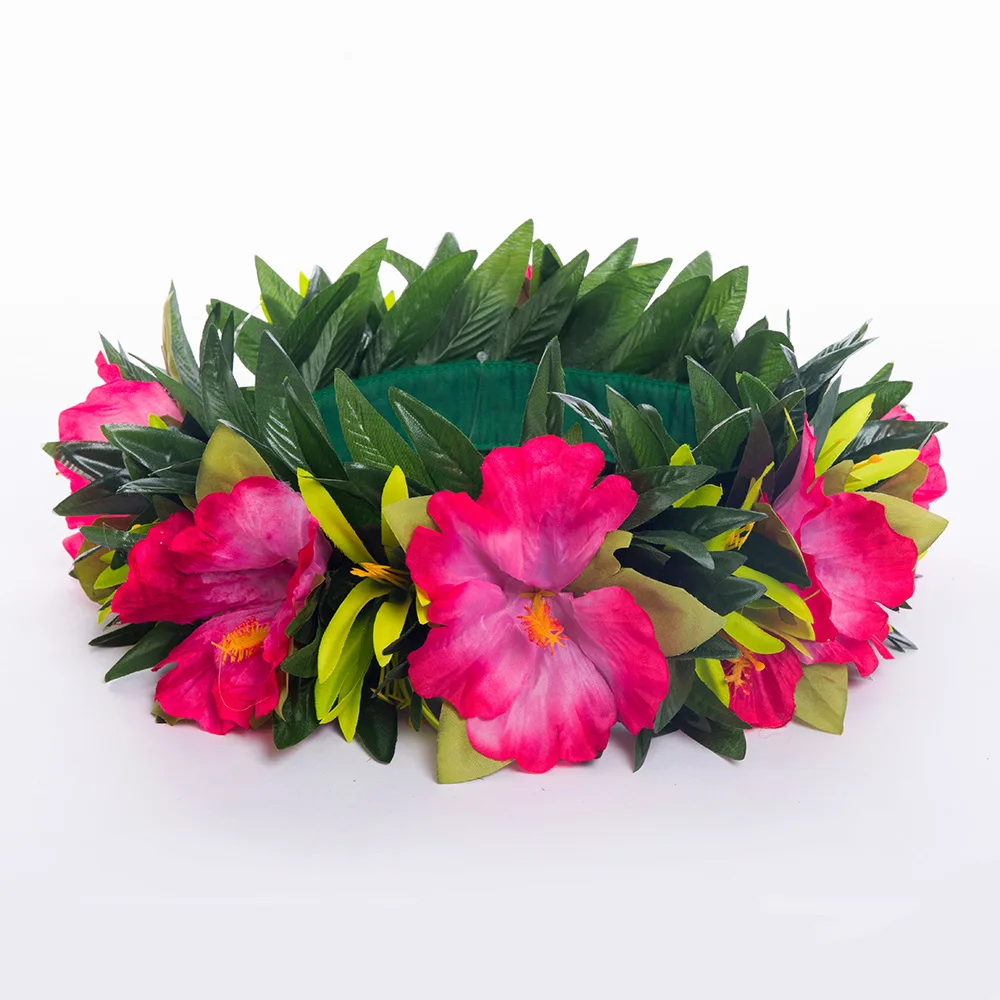 2023 Spring Summer New Style Headband Artificial Silk Hibiscus with Leaves Headband Haku Hawaii Hula Girl Dancer Headwear