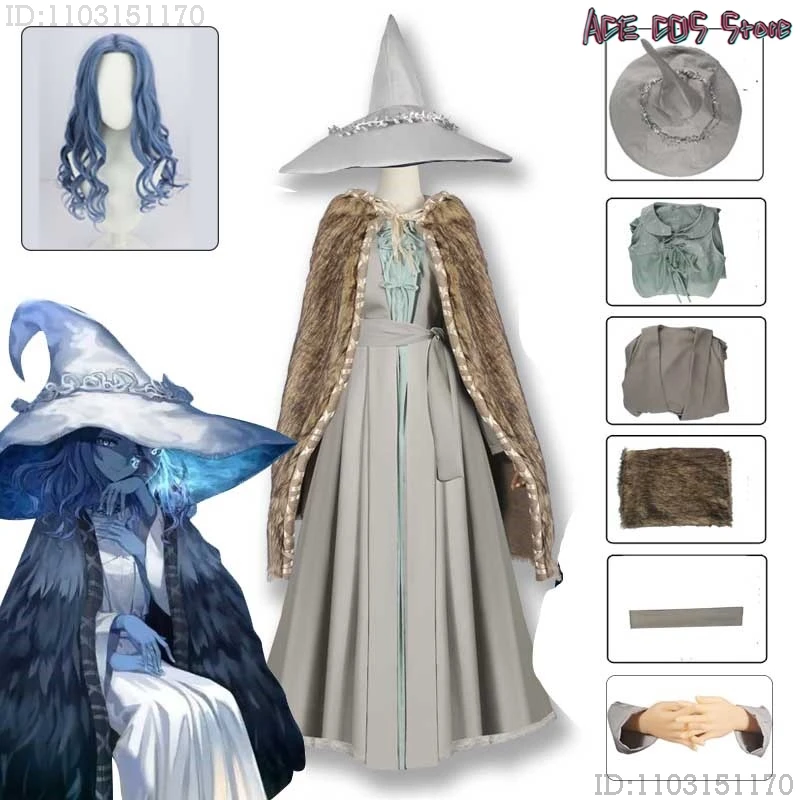 Spiel Hexe Cosplay Kostüm Perücke Ranni Cosplay Kostüm Kleid Hexen Kleid Robe Halloween Hut Renna Cape Umhang Frauen Roleplay