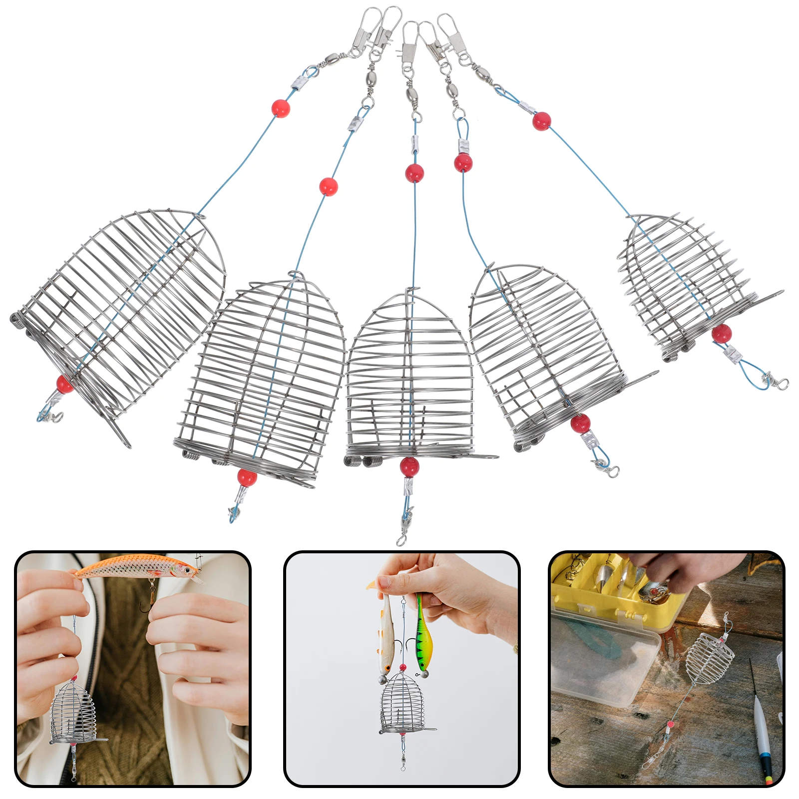 

5pcs Stainless Steel Bait Cage Fishing Nets Trap Lure Holder Basket Assorted Sizes Lightweight Portable Crab Lobster Minnows