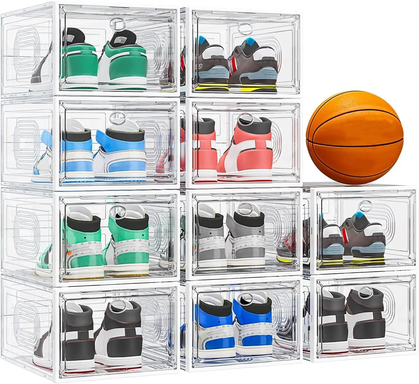 

10-Pack Stackable Shoe Storage Box with Magnetic Door, Clear Organizer for Sneakers and Hats, White