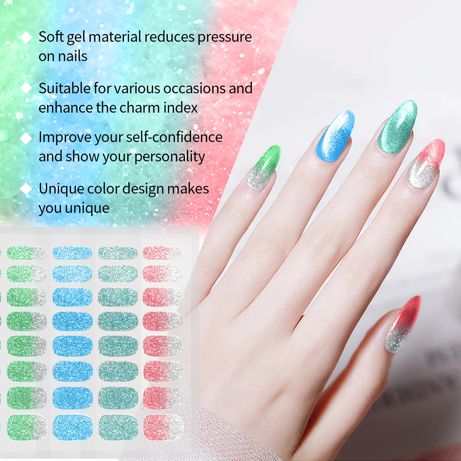 Eelhoe Semi-Uithardende Gel Sticker Nagels Beauty Care Jelly Shine Gradiënt Nagels Decoratie Blauw Groen Roze Blijvende Nagelgel Stickers