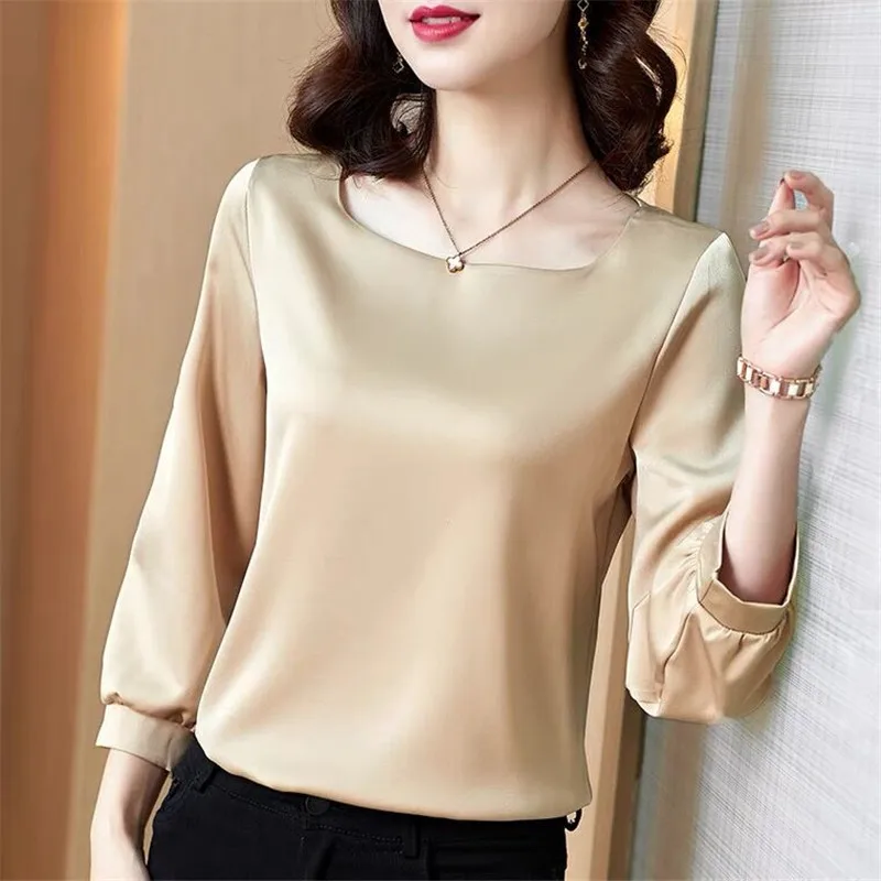 Silk Shirts Women nine quarter Sleeve Shirts Women Satin Clothing Shirt Office Lady Solid Silk Blouse 2024 Fashion Top mujer