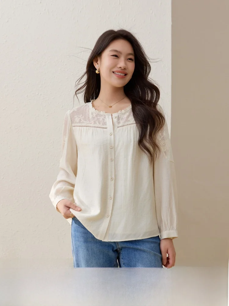 

Легкая рубашка из льняной смеси с кружевными вставками, приталенная, в корейском стиле, с длинным рукавом, на пуговицах, повседневная, для женщин больших размеров