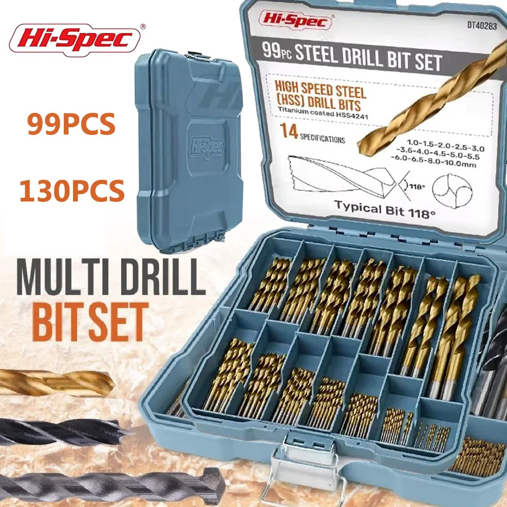 

Hi-spec 99/130pcs Titanium Coated Drill Bits Set HSS Extractor Drill Cutter Drilling Kit For Metal Wood Aluminum Drilling Tools