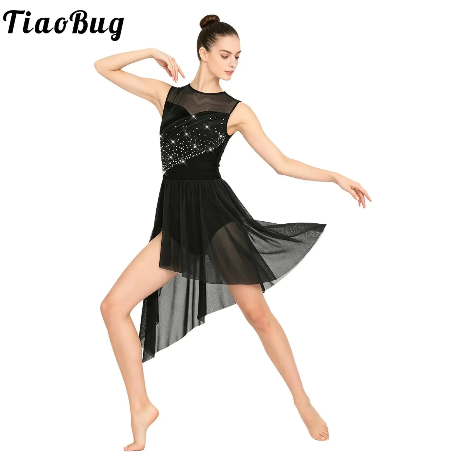 

Women Mesh Lyrical Dance Bodysuit Dress Ballet Gymnastic Dancewear Sleeveless Rhinestone Velvet Patchwork Buttoned Crotch Dress