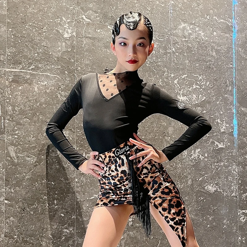 Girls Latin Performance Costume Black Long Sleeve ChaCha Dance Outfit Leopard Fringe Skirt Rumba Samba Practice Wear DL11374